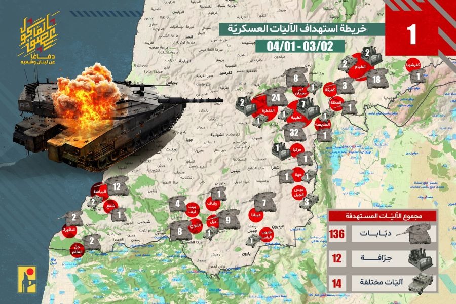 خريطة استهداف الآليات العسكرية لجيش العدو من 2 آذار حتى 1 نيسان