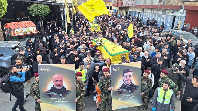 بالصور| حزب الله شيّع الشهيدين القائد حسن بدير ونجله علي في روضة الحوراء زينب (ع) في الغبيري